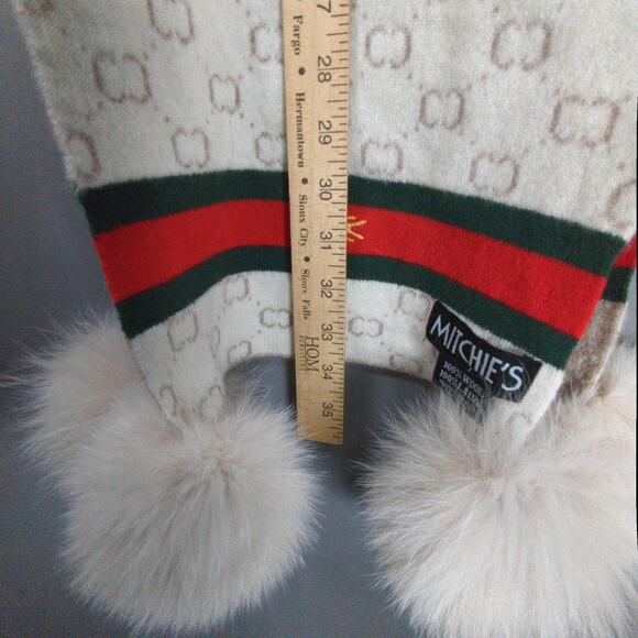 Mitchies Wool Scarf Cream Embroidered Bee Pom Poms Reversible - Picture 6 of 6